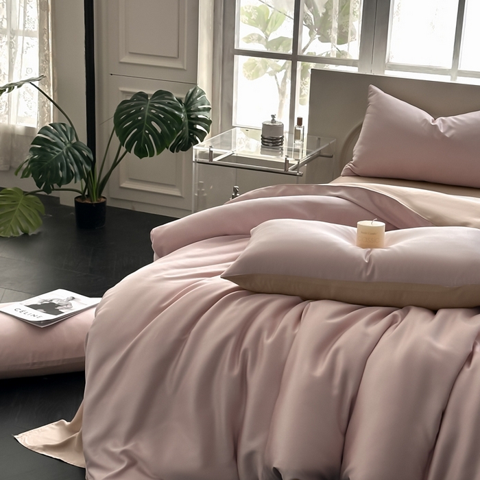 91家纺网 家纺一手货源 找家纺 琪格格纺织 2025春夏新款纯色莱赛尔天丝四件套 莱赛尔-星黛紫配卡其