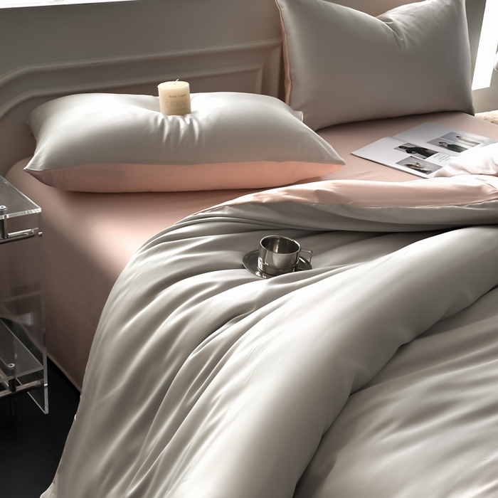 91家纺网 家纺一手货源 找家纺 琪格格纺织 2025春夏新款纯色莱赛尔天丝四件套 莱赛尔-冰川灰配裸粉