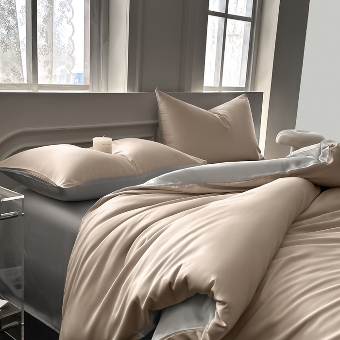 91家纺网 家纺一手货源 找家纺 琪格格纺织 2025春夏新款纯色莱赛尔天丝四件套 莱赛尔-夜幕咖配冰川灰