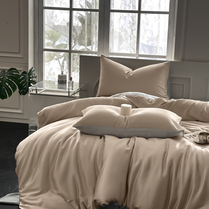 91家纺网 家纺一手货源 找家纺 琪格格纺织 2025春夏新款纯色莱赛尔天丝四件套 莱赛尔-夜幕咖配冰川灰