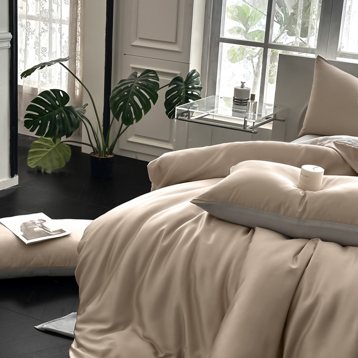 91家纺网 家纺一手货源 找家纺 琪格格纺织 2025春夏新款纯色莱赛尔天丝四件套 莱赛尔-夜幕咖配冰川灰