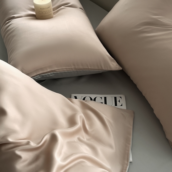 91家纺网 家纺一手货源 找家纺 琪格格纺织 2025春夏新款纯色莱赛尔天丝四件套 莱赛尔-夜幕咖配冰川灰