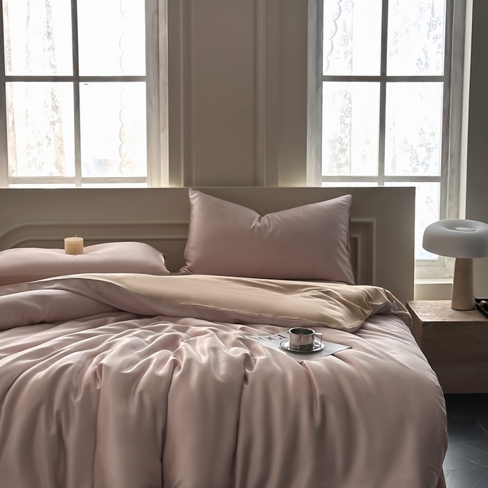 91家纺网 家纺一手货源 找家纺 琪格格纺织 2025春夏新款纯色莱赛尔天丝四件套 莱赛尔-星黛紫配卡其