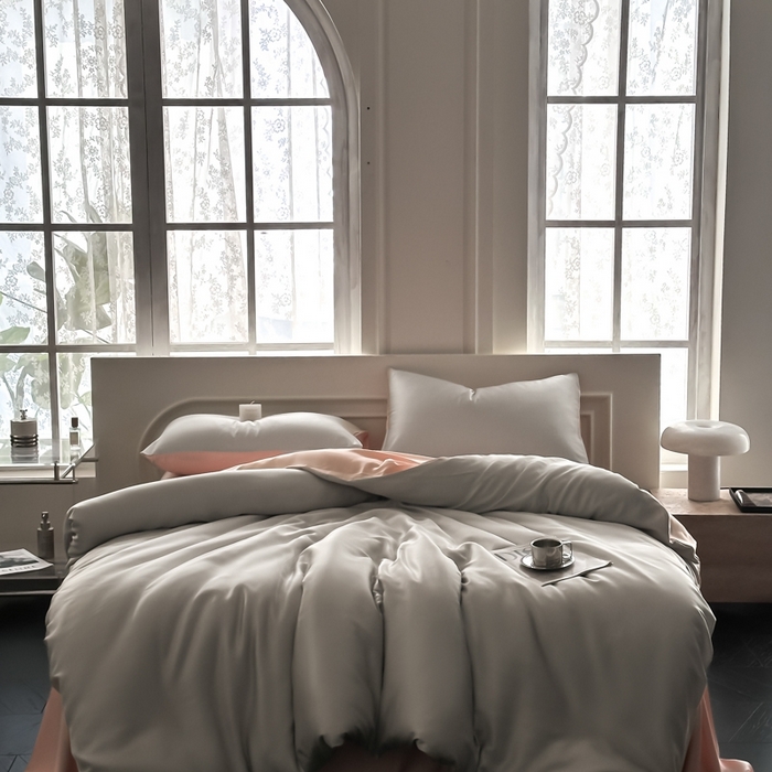 91家纺网 家纺一手货源 找家纺 琪格格纺织 2025春夏新款纯色莱赛尔天丝四件套 莱赛尔-冰川灰配裸粉