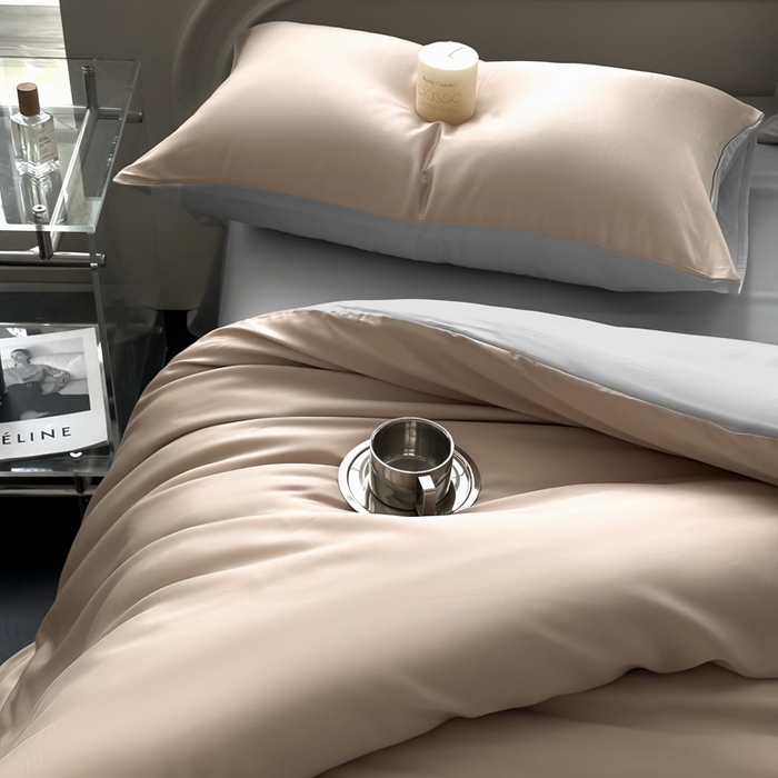 91家纺网 家纺一手货源 找家纺 琪格格纺织 2025春夏新款纯色莱赛尔天丝四件套 莱赛尔-夜幕咖配冰川灰