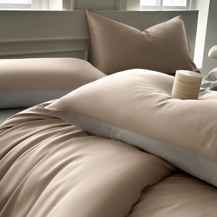 91家纺网 家纺一手货源 找家纺 琪格格纺织 2025春夏新款纯色莱赛尔天丝四件套 莱赛尔-夜幕咖配冰川灰