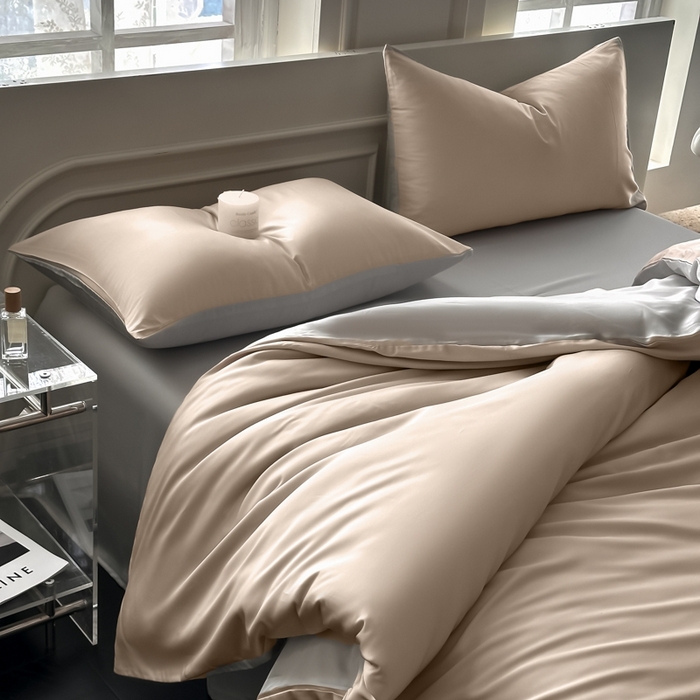 91家纺网 家纺一手货源 找家纺 琪格格纺织 2025春夏新款纯色莱赛尔天丝四件套 莱赛尔-夜幕咖配冰川灰