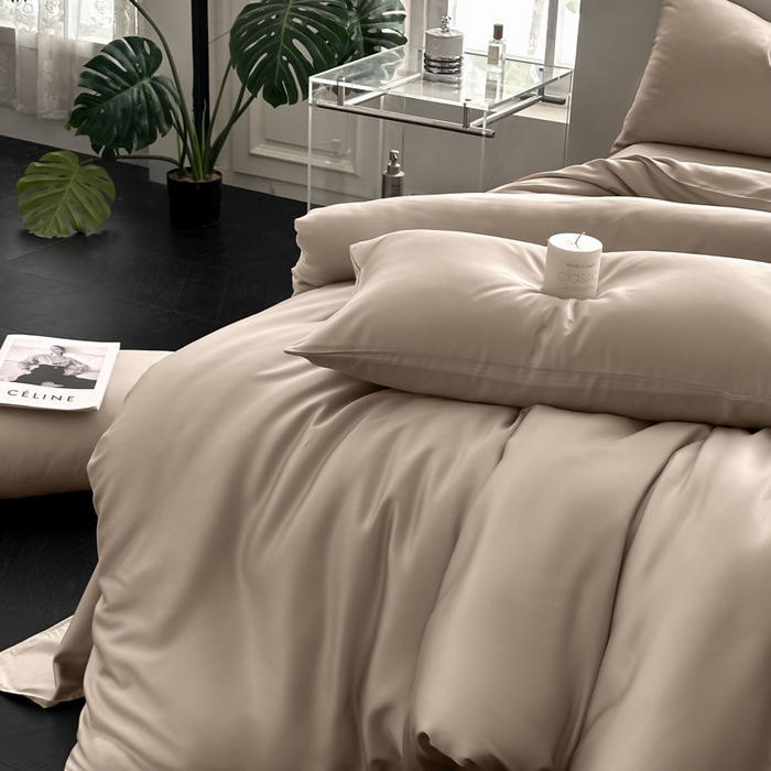 91家纺网 家纺一手货源 找家纺 琪格格纺织 2025春夏新款纯色莱赛尔天丝四件套 莱赛尔-夜幕卡其