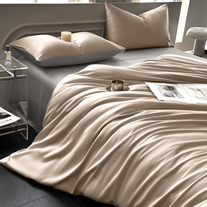 91家纺网 家纺一手货源 找家纺 琪格格纺织 2025春夏新款纯色莱赛尔天丝四件套 莱赛尔-夜幕咖配冰川灰