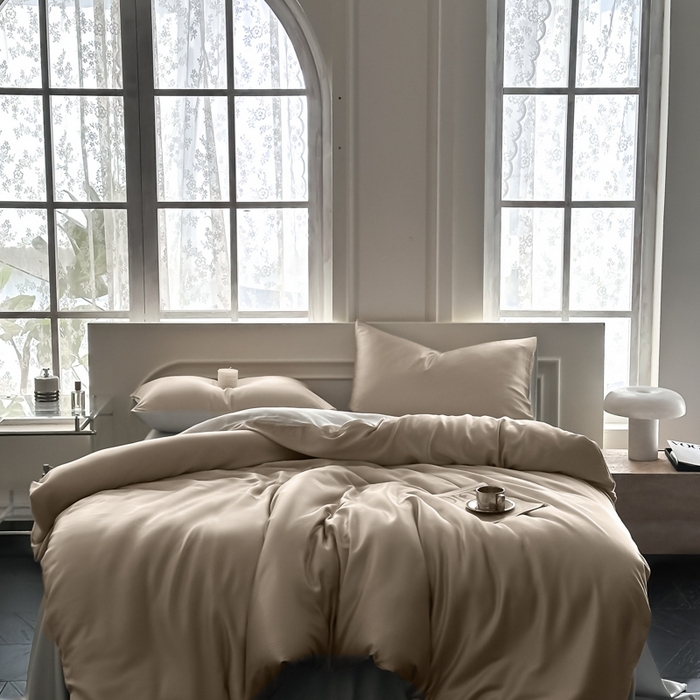 91家纺网 家纺一手货源 找家纺 琪格格纺织 2025春夏新款纯色莱赛尔天丝四件套 莱赛尔-夜幕咖配冰川灰