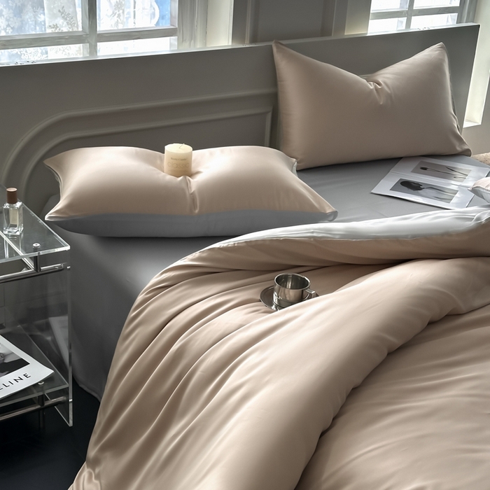 91家纺网 家纺一手货源 找家纺 琪格格纺织 2025春夏新款纯色莱赛尔天丝四件套 莱赛尔-夜幕咖配冰川灰