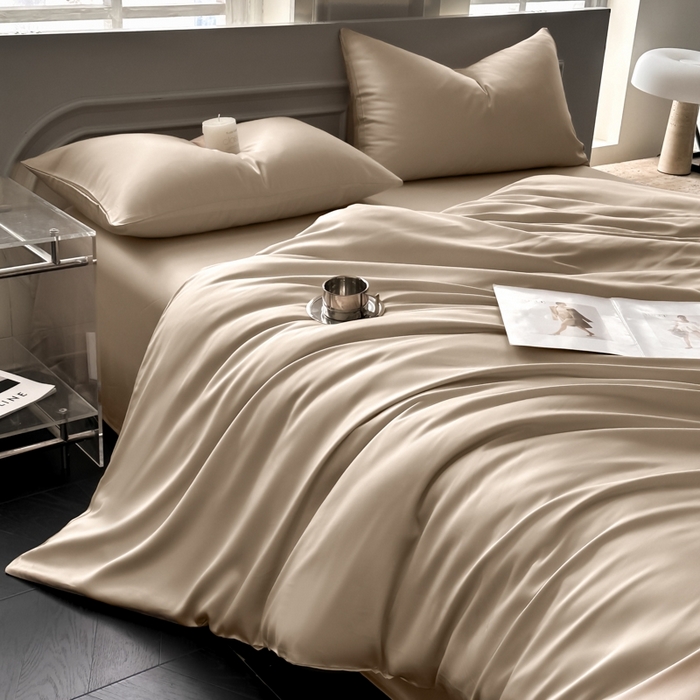 91家纺网 家纺一手货源 找家纺 琪格格纺织 2025春夏新款纯色莱赛尔天丝四件套 莱赛尔-夜幕卡其