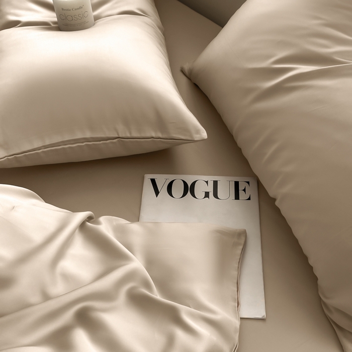 91家纺网 家纺一手货源 找家纺 琪格格纺织 2025春夏新款纯色莱赛尔天丝四件套 莱赛尔-夜幕卡其