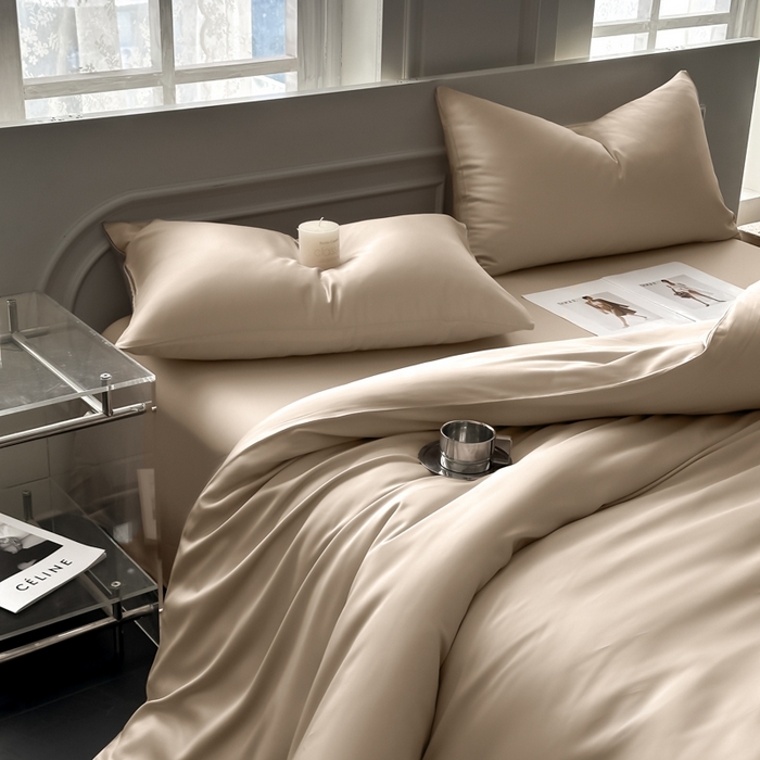 91家纺网 家纺一手货源 找家纺 琪格格纺织 2025春夏新款纯色莱赛尔天丝四件套 莱赛尔-夜幕卡其