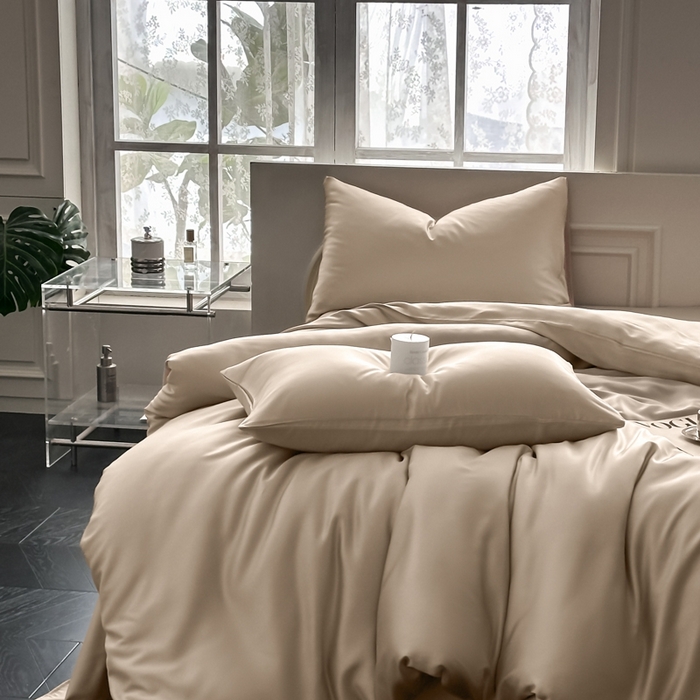 91家纺网 家纺一手货源 找家纺 琪格格纺织 2025春夏新款纯色莱赛尔天丝四件套 莱赛尔-夜幕卡其