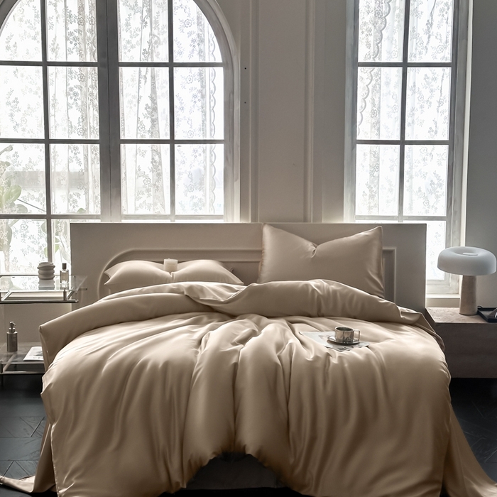 91家纺网 家纺一手货源 找家纺 琪格格纺织 2025春夏新款纯色莱赛尔天丝四件套 莱赛尔-夜幕卡其