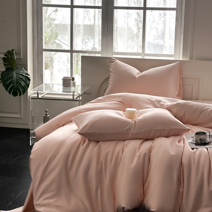 91家纺网 家纺一手货源 找家纺 琪格格纺织 2025春夏新款纯色莱赛尔天丝四件套 莱赛尔-少年裸粉