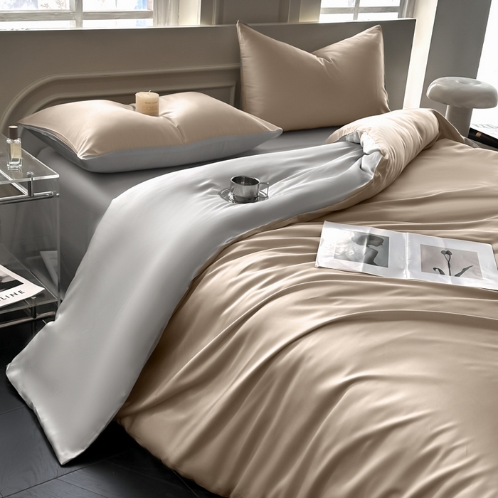 琪格格纺织 2025春夏新款纯色莱赛尔天丝四件套 莱赛尔-夜幕咖配冰川灰