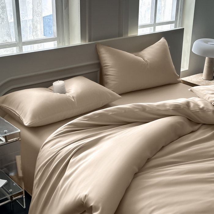 91家纺网 家纺一手货源 找家纺 琪格格纺织 2025春夏新款纯色莱赛尔天丝四件套 莱赛尔-夜幕卡其