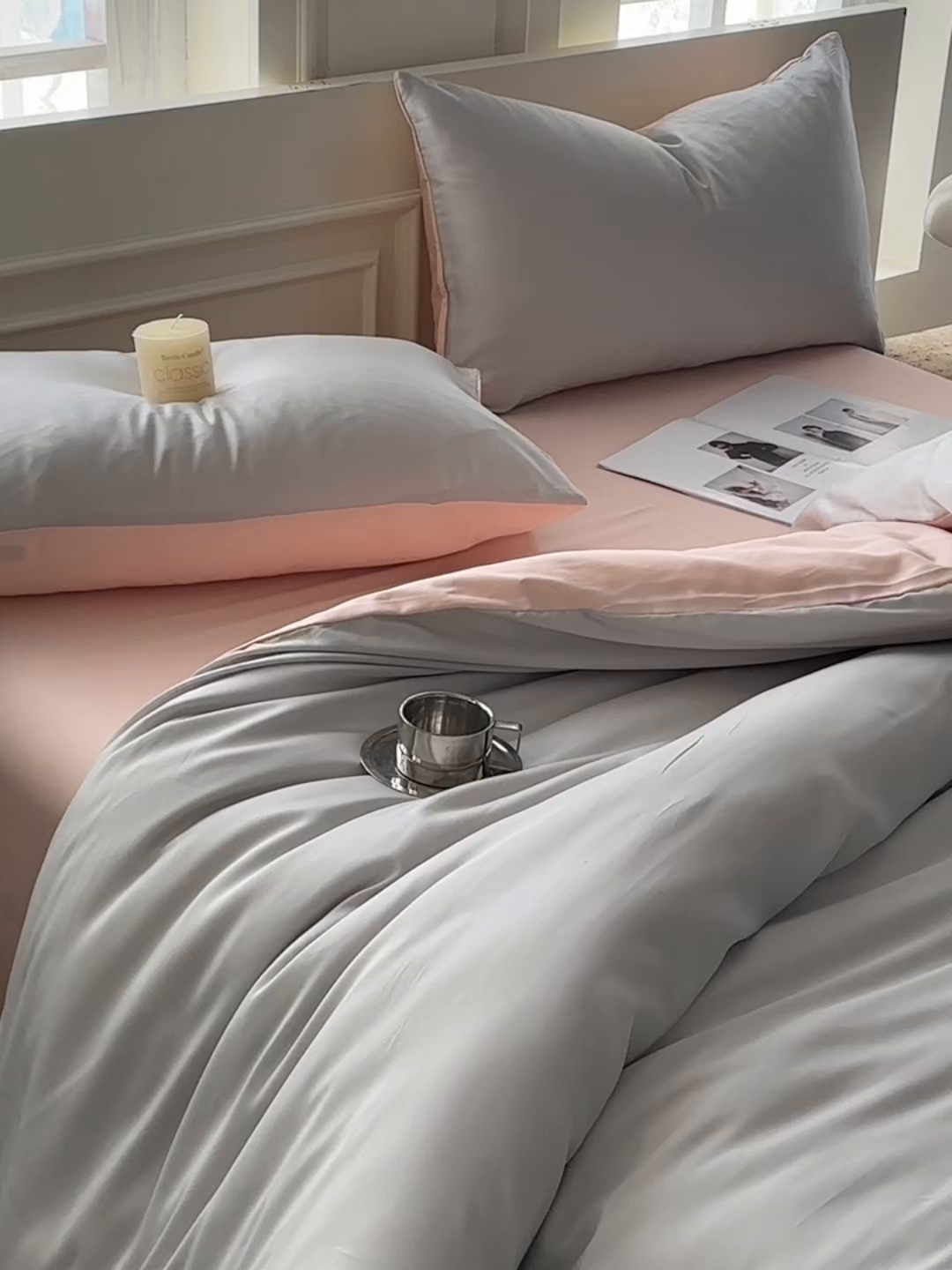 91家纺网 家纺一手货源 找家纺 琪格格纺织 2025春夏新款纯色莱赛尔天丝四件套 莱赛尔-冰川灰配裸粉