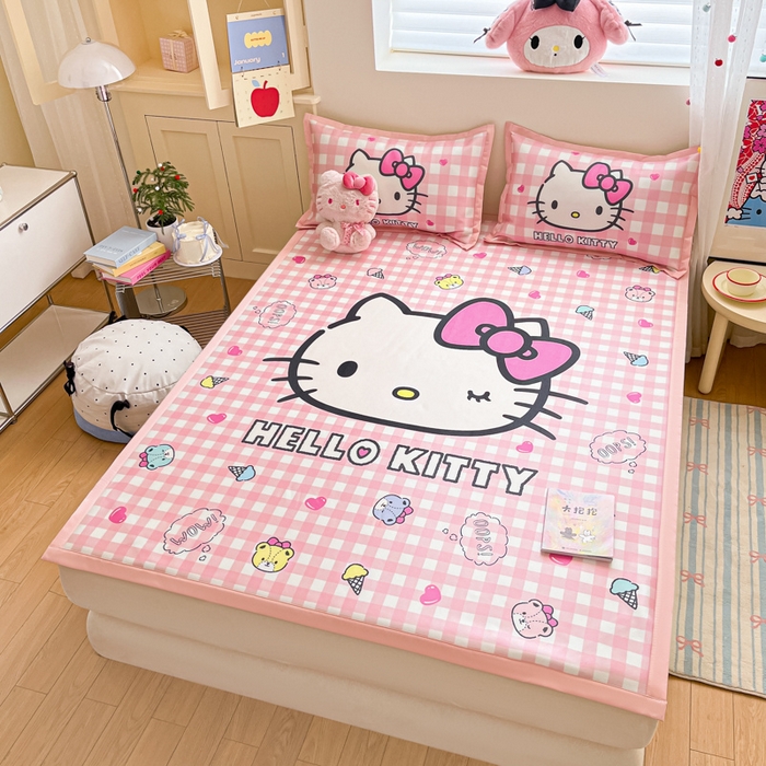 91家纺网 家纺一手货源 找家纺 金爱家 2025新款A类三丽鸥授权数码印花中分子1200D凉感冰丝宽边凉感软席 冰丝席-香香小熊kitty