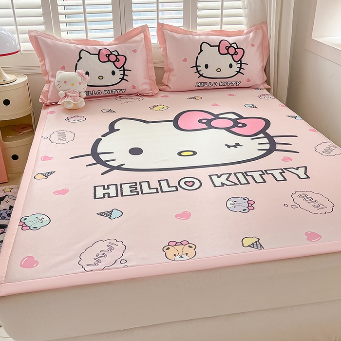 91家纺网 家纺一手货源 找家纺 金爱家 2025新款A类三丽鸥授权数码印花中分子1200D凉感冰丝宽边凉感软席 冰丝席-少女Kitty