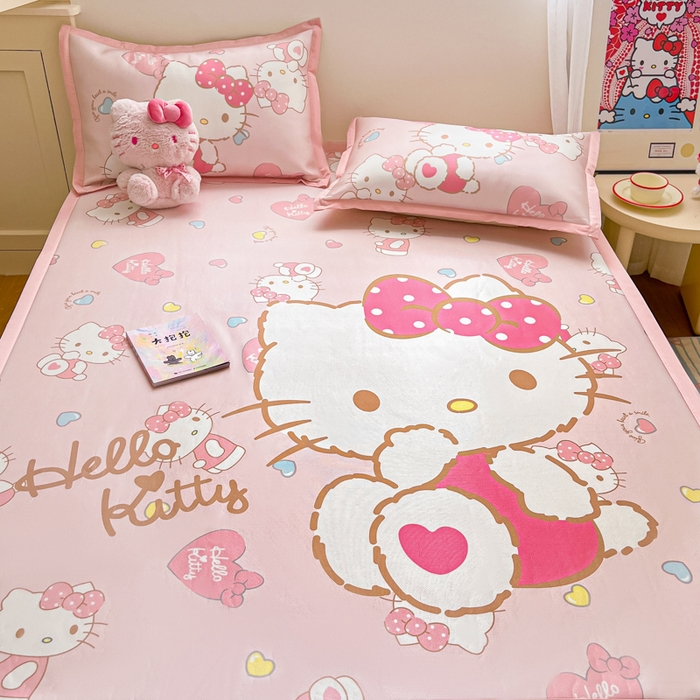 91家纺网 家纺一手货源 找家纺 金爱家 2025新款A类三丽鸥授权数码印花中分子1200D凉感冰丝宽边凉感软席 冰丝席-爱心少女kitty