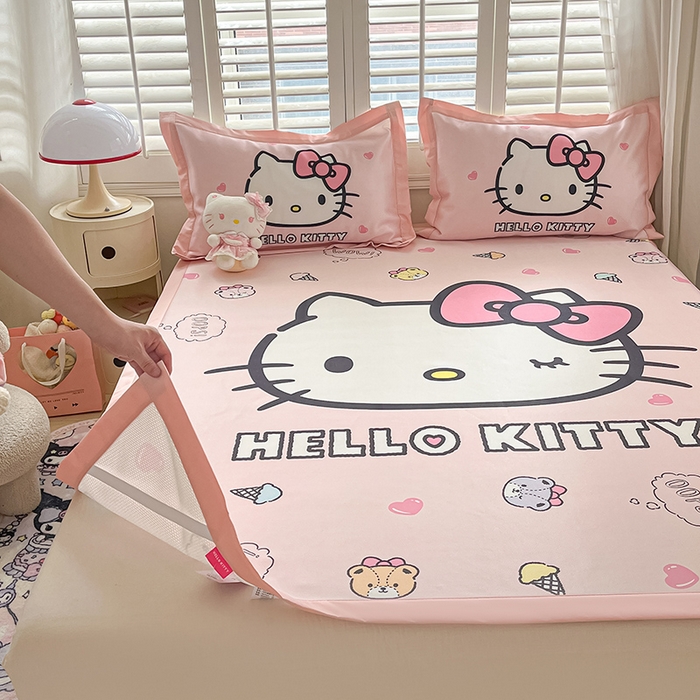 91家纺网 家纺一手货源 找家纺 金爱家 2025新款A类三丽鸥授权数码印花中分子1200D凉感冰丝宽边凉感软席 冰丝席-少女Kitty