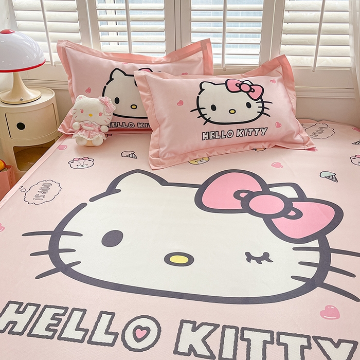 91家纺网 家纺一手货源 找家纺 金爱家 2025新款A类三丽鸥授权数码印花中分子1200D凉感冰丝宽边凉感软席 冰丝席-少女Kitty