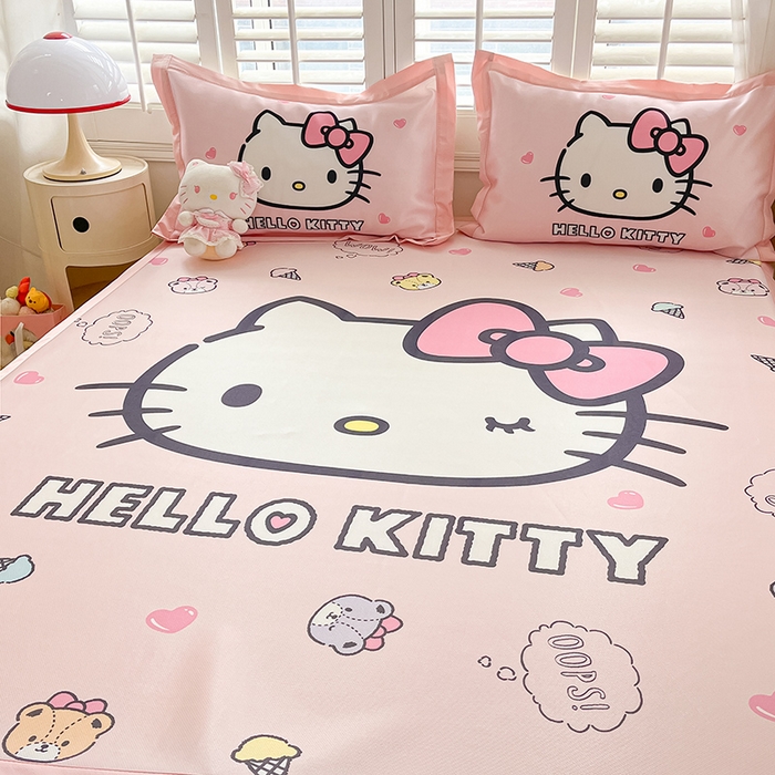 91家纺网 家纺一手货源 找家纺 金爱家 2025新款A类三丽鸥授权数码印花中分子1200D凉感冰丝宽边凉感软席 冰丝席-少女Kitty