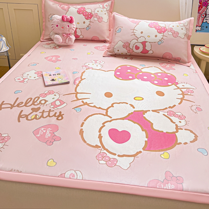 91家纺网 家纺一手货源 找家纺 金爱家 2025新款A类三丽鸥授权数码印花中分子1200D凉感冰丝宽边凉感软席 冰丝席-爱心少女kitty