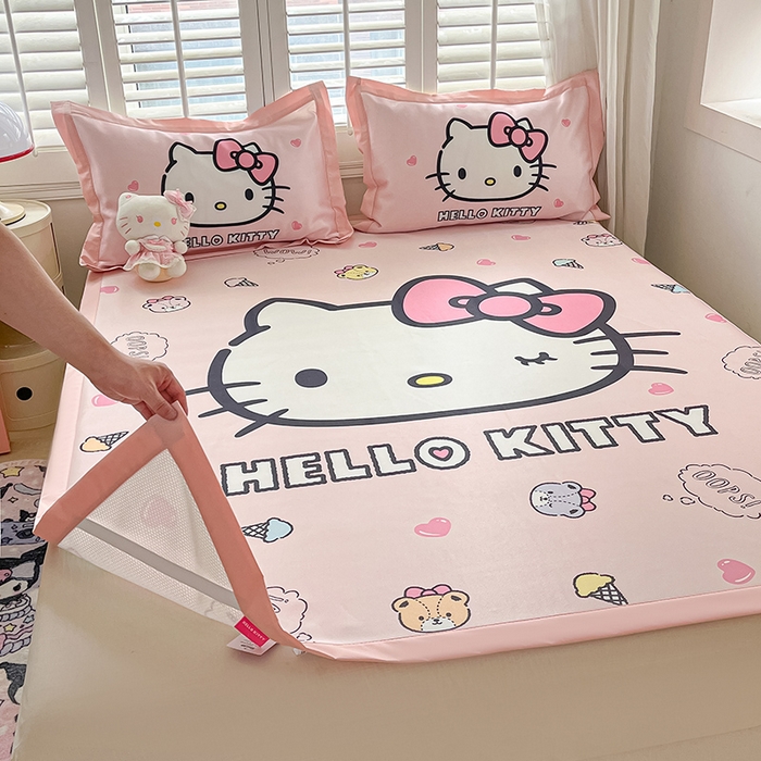 91家纺网 家纺一手货源 找家纺 金爱家 2025新款A类三丽鸥授权数码印花中分子1200D凉感冰丝宽边凉感软席 冰丝席-少女Kitty