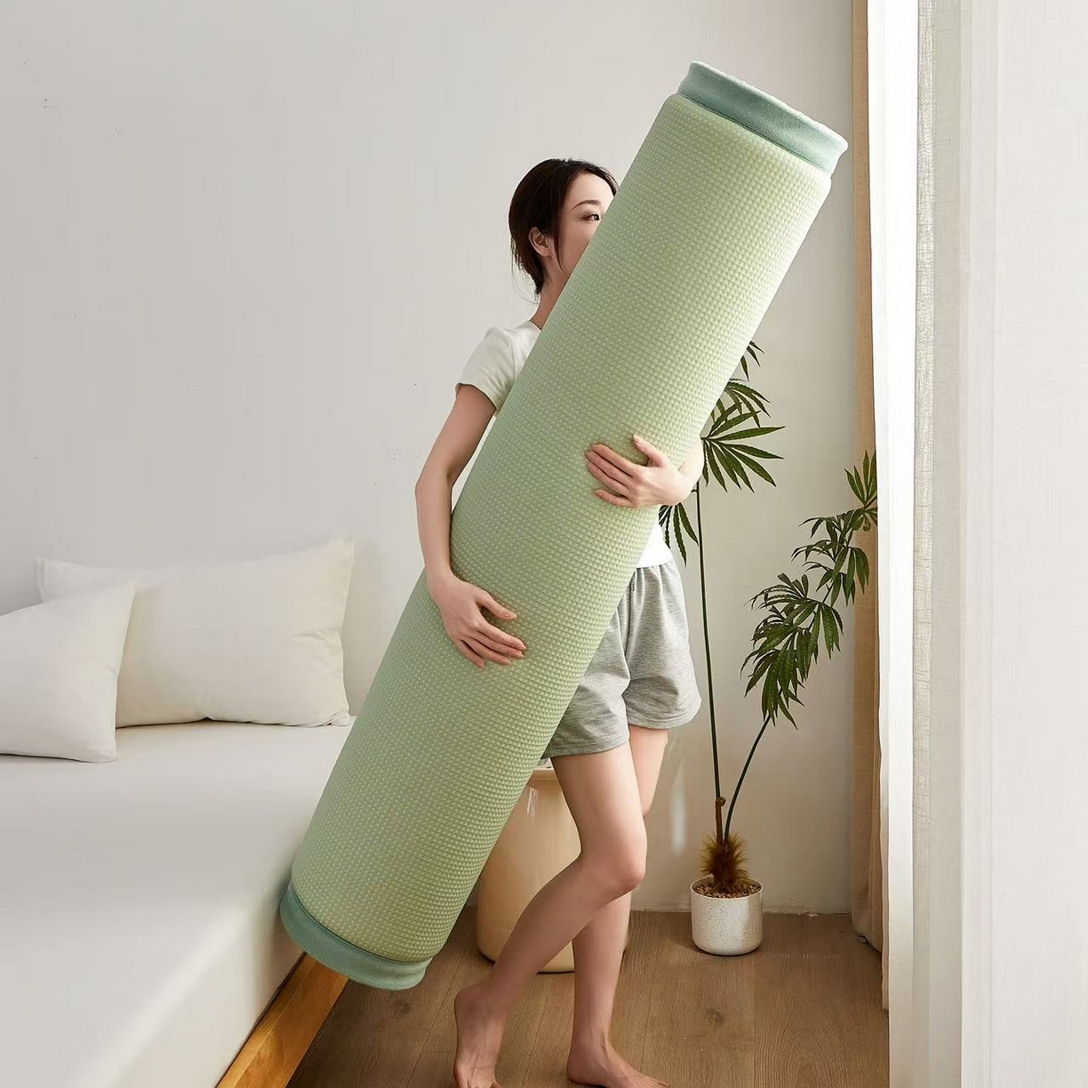 91家纺网 家纺一手货源 找家纺 锦丝钰床垫 2025新款华夫格冰豆豆多功能地铺床垫床边垫 华芙格-绿