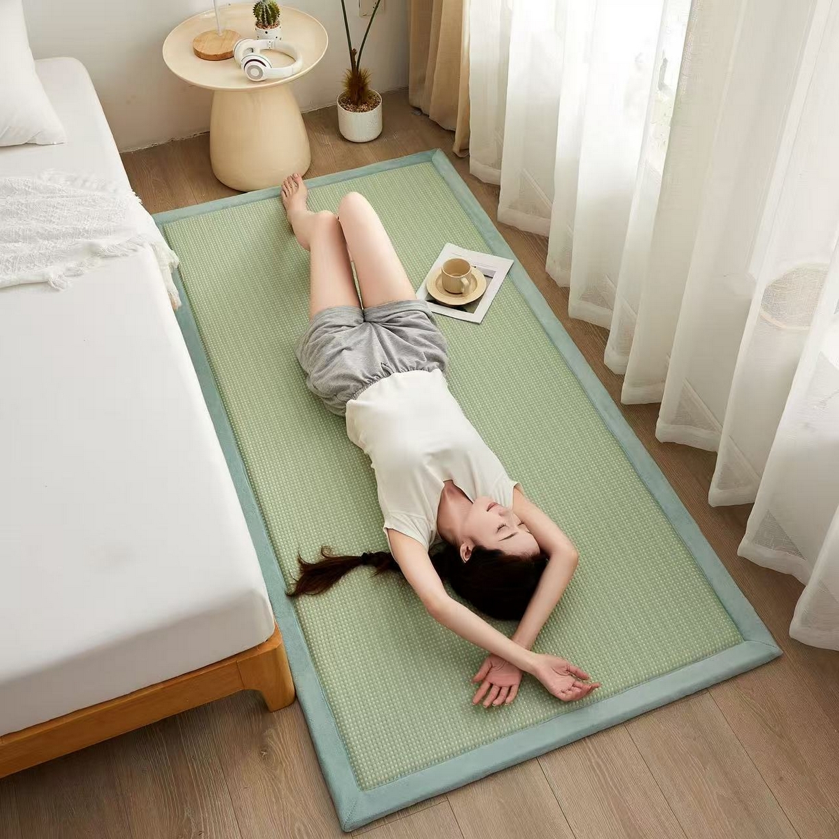 91家纺网 家纺一手货源 找家纺 锦丝钰床垫 2025新款华夫格冰豆豆多功能地铺床垫床边垫 华芙格-绿