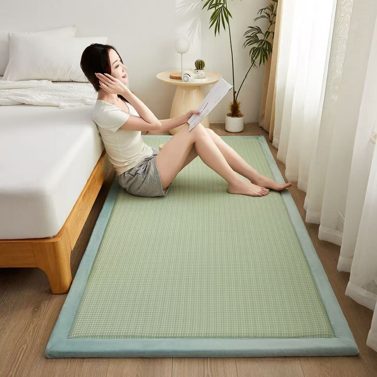 91家纺网 家纺一手货源 找家纺 锦丝钰床垫 2025新款华夫格冰豆豆多功能地铺床垫床边垫 华芙格-绿