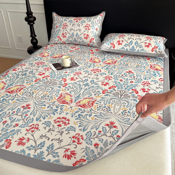 91家纺网 家纺一手货源 找家纺 久云居 2025新款凉感冰藤凉席三件套凉席席子 牡丹韵