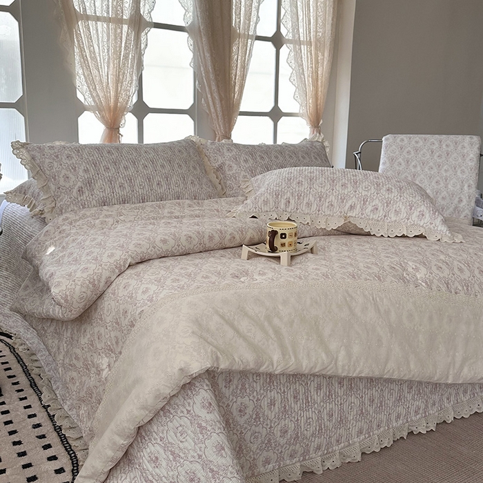 91家纺网 家纺一手货源 找家纺 奈萝家纺 2025新款全棉13372花边床盖三件套四件套纯棉花边夏被春秋被 奥黛丽粉