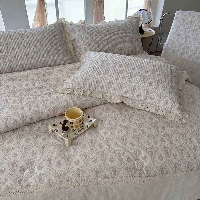91家纺网 家纺一手货源 找家纺 奈萝家纺 2025新款全棉13372花边床盖三件套四件套纯棉花边夏被春秋被 奥黛丽粉