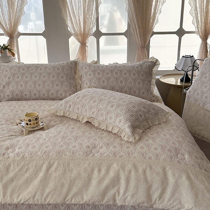 91家纺网 家纺一手货源 找家纺 奈萝家纺 2025新款全棉13372花边床盖三件套四件套纯棉花边夏被春秋被 奥黛丽粉