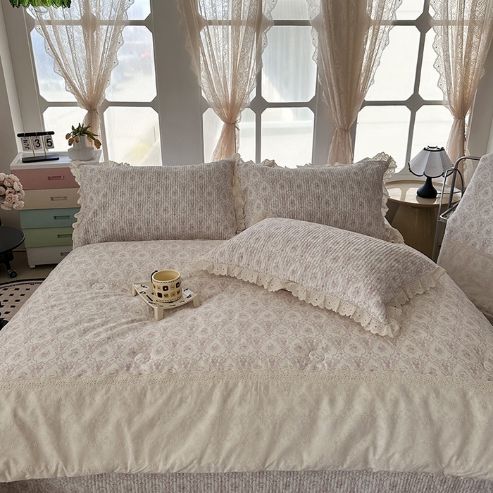 91家纺网 家纺一手货源 找家纺 奈萝家纺 2025新款全棉13372花边床盖三件套四件套纯棉花边夏被春秋被 奥黛丽粉