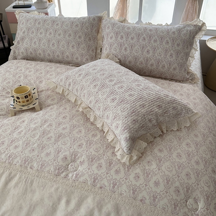 91家纺网 家纺一手货源 找家纺 奈萝家纺 2025新款全棉13372花边床盖三件套四件套纯棉花边夏被春秋被 奥黛丽粉