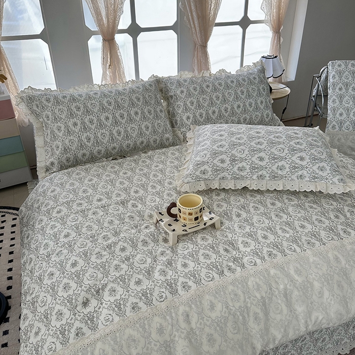 91家纺网 家纺一手货源 找家纺 奈萝家纺 2025新款全棉13372花边床盖三件套四件套纯棉花边夏被春秋被 奥黛丽灰