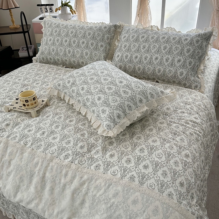 91家纺网 家纺一手货源 找家纺 奈萝家纺 2025新款全棉13372花边床盖三件套四件套纯棉花边夏被春秋被 奥黛丽灰