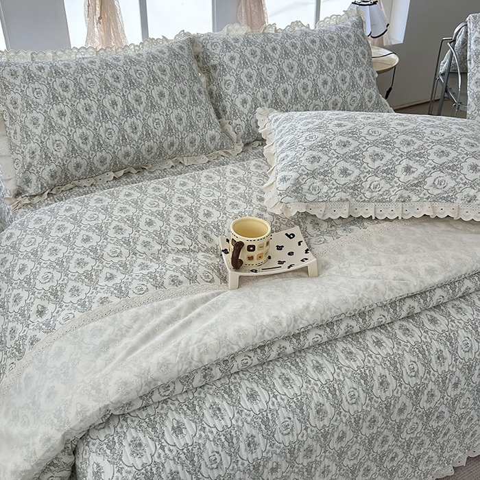 91家纺网 家纺一手货源 找家纺 奈萝家纺 2025新款全棉13372花边床盖三件套四件套纯棉花边夏被春秋被 奥黛丽灰