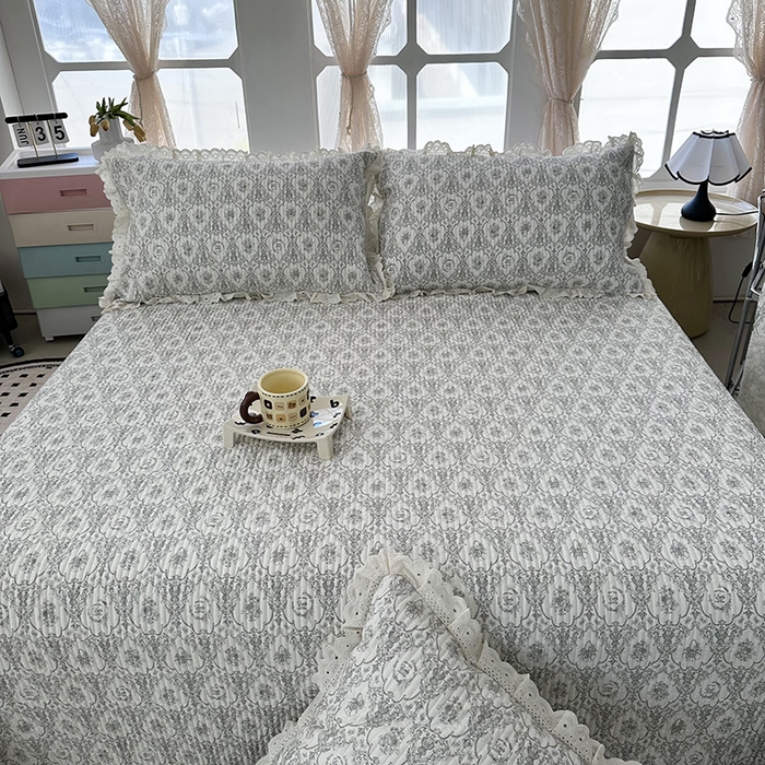 91家纺网 家纺一手货源 找家纺 奈萝家纺 2025新款全棉13372花边床盖三件套四件套纯棉花边夏被春秋被 奥黛丽灰