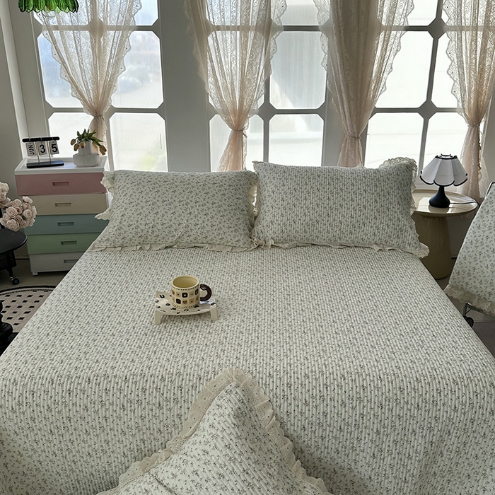 91家纺网 家纺一手货源 找家纺 奈萝家纺 2025新款全棉13372花边床盖三件套四件套纯棉花边夏被春秋被 繁花米白