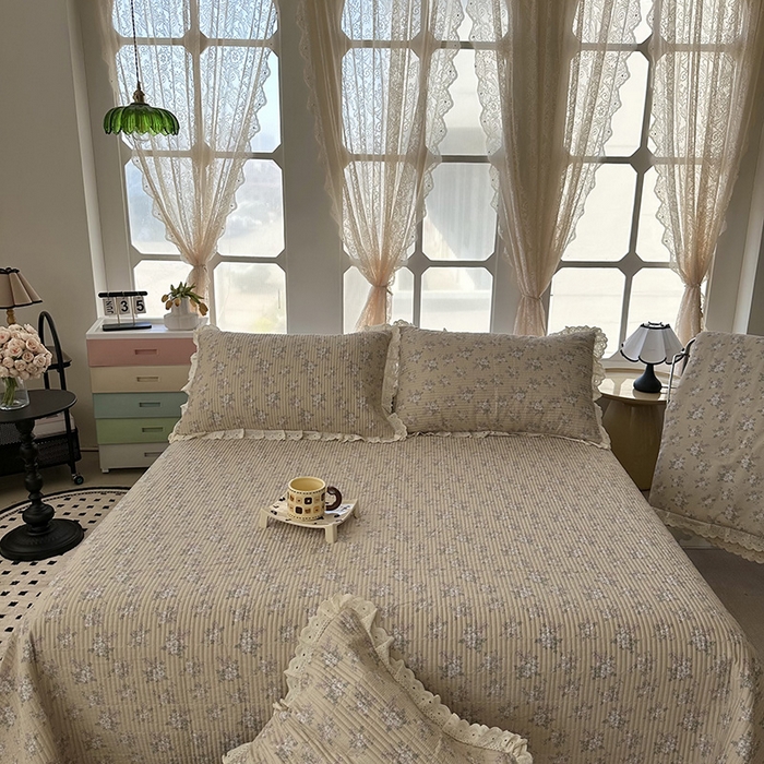 91家纺网 家纺一手货源 找家纺 奈萝家纺 2025新款全棉13372花边床盖三件套四件套纯棉花边夏被春秋被 花海米