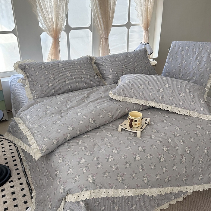 91家纺网 家纺一手货源 找家纺 奈萝家纺 2025新款全棉13372花边床盖三件套四件套纯棉花边夏被春秋被 花海紫