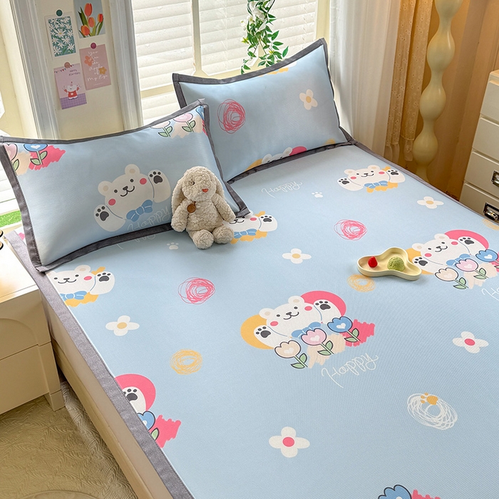 91家纺网 家纺一手货源 找家纺 518家纺 2025新款A类碳光冰丝抗菌凉席【提供买家秀】-单枕套 花朵小熊