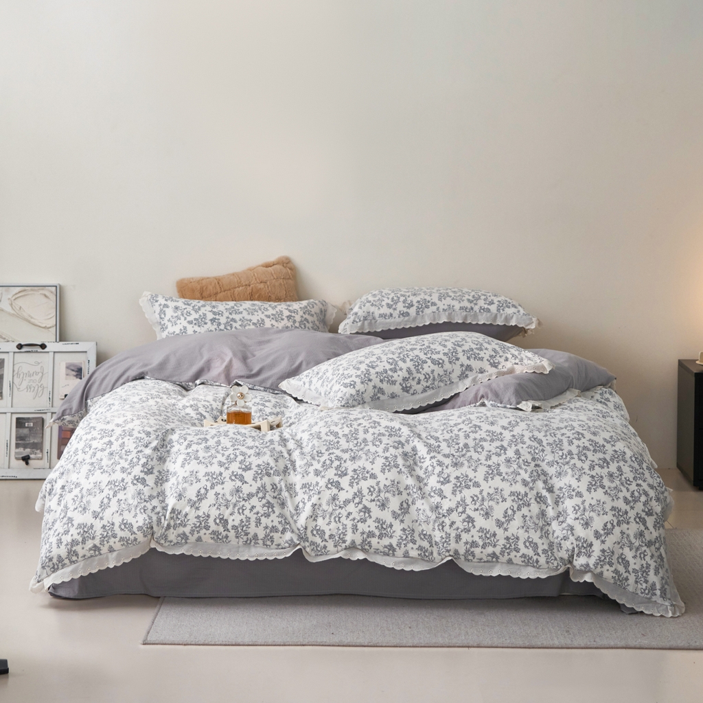 91家纺网 家纺一手货源 找家纺 漫仙阁家纺 2025新款双层纱花边款韩版四件套 法式浪漫